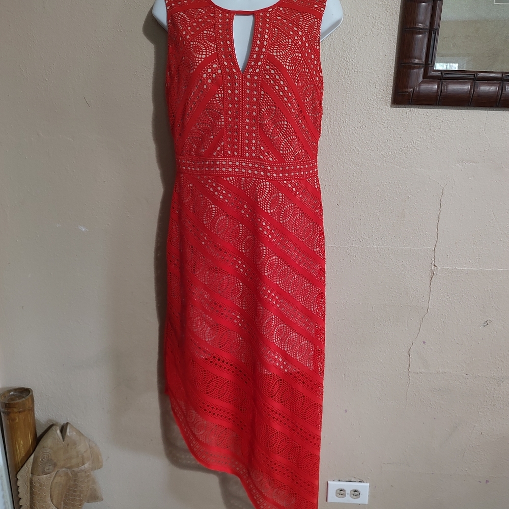 Red Lace Asymmetrical Dress With Nude Lining Bisou Bisou Size 8 Medium